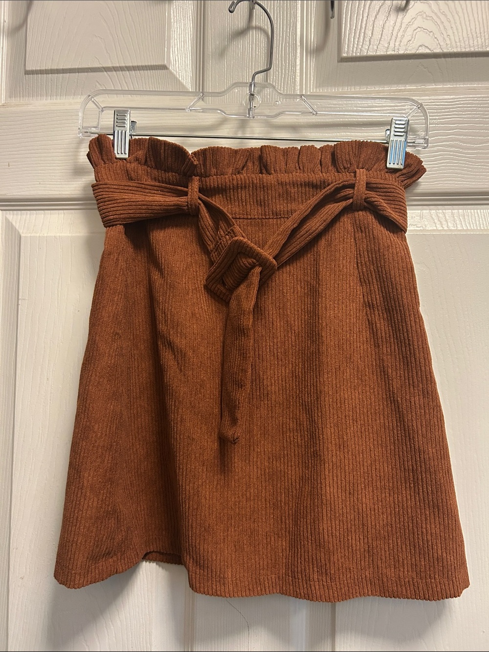 SHEIN Rust Ribbed Paperbag A-Line Mini Skirt with Tie Belt